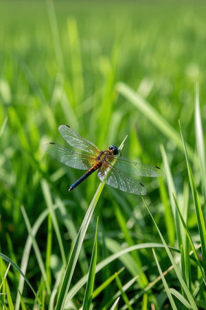 Dragonfly on a green meadow in the spring. Close-upの素材