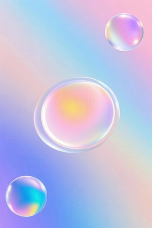 Soap bubbles on rainbow background. Realistic vector illustration of soap bubbles.の素材