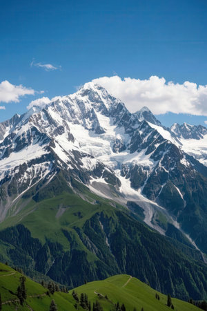Mountain landscape with snow-capped peaks and coniferous forestの素材