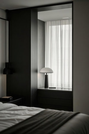 Interior of a modern hotel bedroom with black and white linesnsの素材