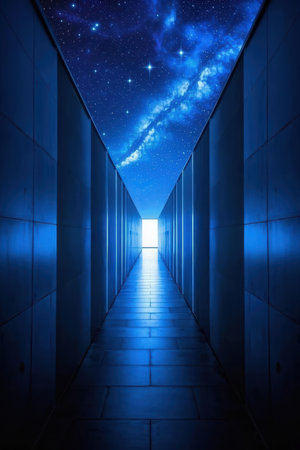 Dark corridor leading to the starry sky at night. 3D renderingの素材