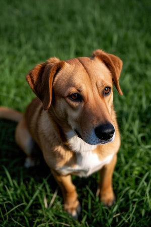 Close up portrait of a cute mixed breed dog looking at the cameraの素材