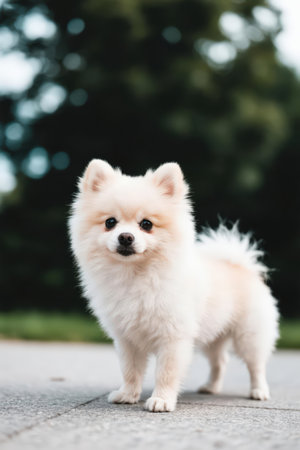 Pomeranian dog standing in the park. Beautiful Pomeranian dogの素材