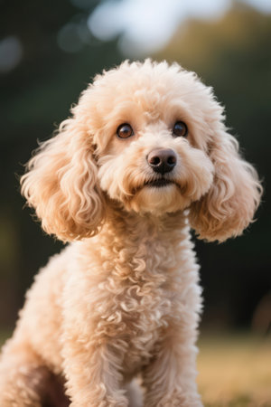 Close-up portrait of a purebred dog poodle in nature.の素材