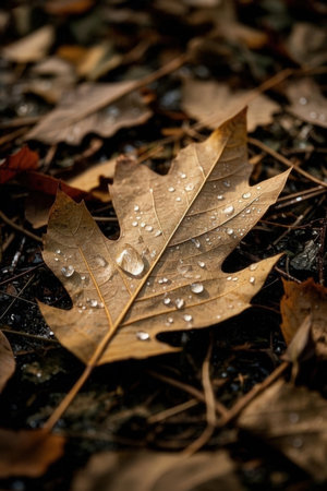 Dry leaves with water drops on the ground. Autumn background.の素材