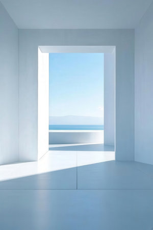 White room with open door and sea view. 3D Renderingの素材