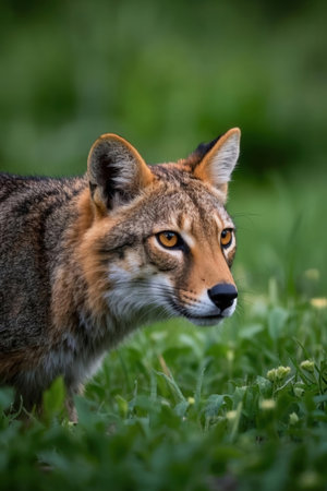 Portrait of a young jackal in the grass. Wildlife scene from nature.の素材