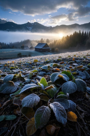 Frosty autumn morning in the italian alps. Beautiful countryside landscape.の素材