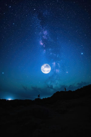 Silhouette of a man standing on top of a mountain and looking at the milky wayの素材