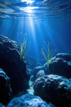 Underwater view of a coral reef with seaweed and sun raysの素材