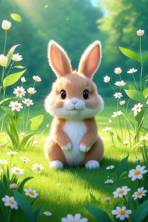 Cute easter bunny sitting on the grass with flowers in the forestの素材