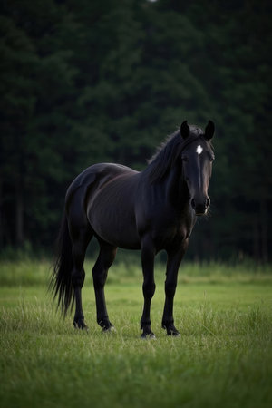 Black stallion standing on green meadow, side view, verticalの素材