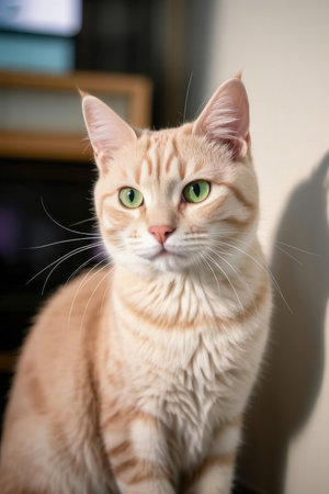ginger cat with green eyes sitting on the windowsill at homeの素材