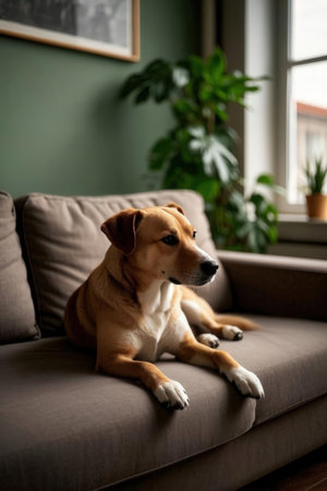 Cute dog resting on sofa at home. Pet care concept.の素材