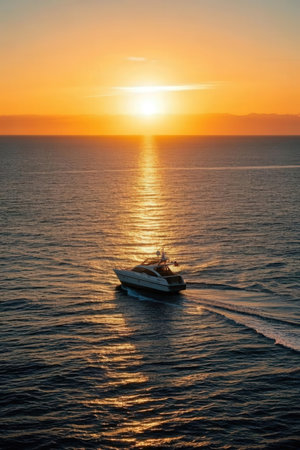 Aerial view of a luxury yacht in the sea at sunset.の素材