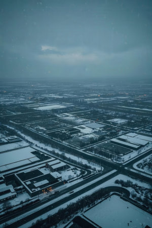 Aerial view of the city during a snowfall in winter.の素材