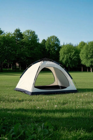 Camping tent on the green grass in the park at sunny summer dayの素材