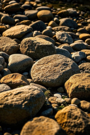 Close-up of stones on the beach in the evening light.の素材
