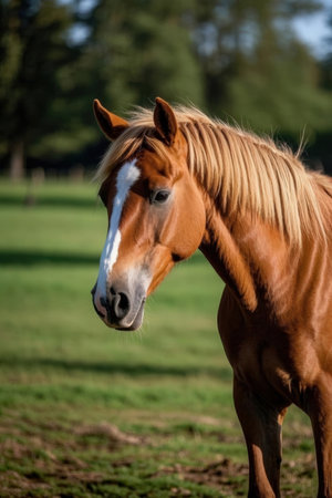 Beautiful brown horse portrait in the field, close-up.の素材