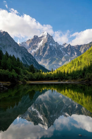 Mountains reflected in the water of a lake in the Alps.の素材