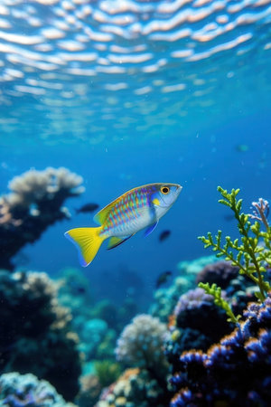 Colorful tropical fish swimming in the deep blue water of the Red Seaの素材