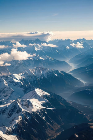 Aerial view of snow-capped mountains and blue sky.の素材