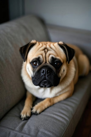Cute pug dog lying on sofa at home. Adorable pug looking at camera.の素材