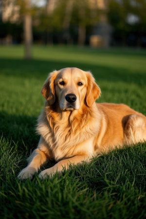 Golden Retriever lying on the green grass in the park.の素材