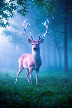 Fallow deer in the misty forest. Wild animal in the nature habitat.の素材