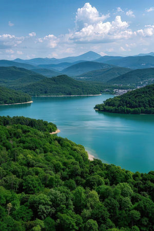 Aerial view of the Vacha (Antonivanovtsi) Reservoir, Rhodope Mountains, Bulgariaの素材