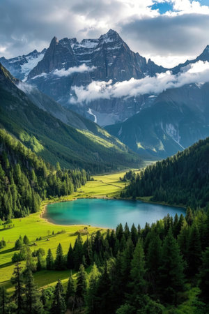 Idyllic alpine landscape with lake and mountains in background, Switzerlandの素材