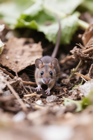 Little brown mouse on the ground in the garden. Shallow depth of fieldの素材