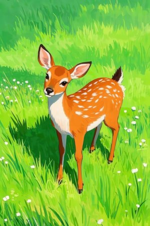 Illustration of a fawn on a meadow with flowers.の素材