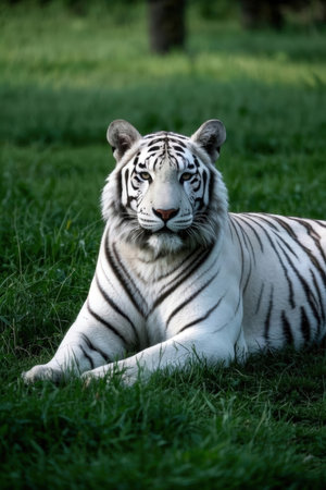 Close up of a white tiger lying on the grass in a zooの素材