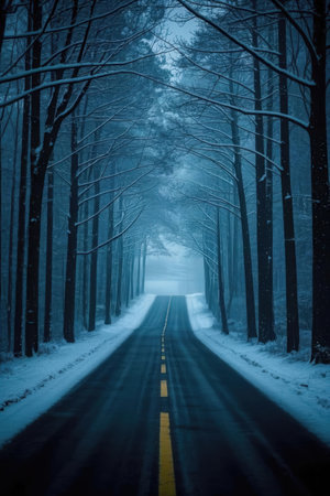 Winter road through the forest. Winter road in a dark forest.の素材