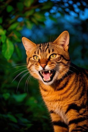 Funny bengal cat with orange eyes and mouth open.の素材