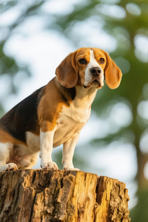 Portrait of a beautiful beagle dog standing on a stump.の素材
