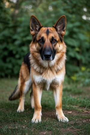 German shepherd dog standing on the grass in a park. Selective focus.の素材