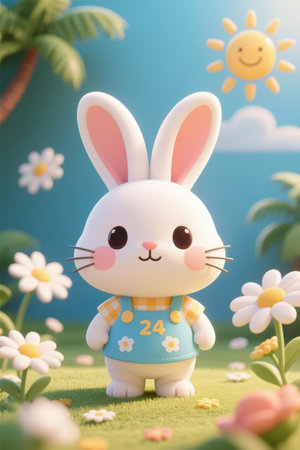Easter bunny with daisy flowers in the garden, 3d illustrationの素材