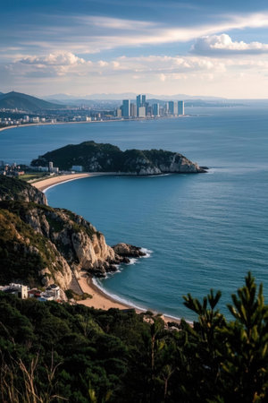 Pink interior with sea and mountain view, 3d render, square imageの素材