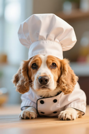 Cocker Spaniel in chef's hat lying on the kitchen tableの素材