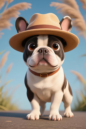 French bulldog wearing a hat and posing in the summer park.の素材
