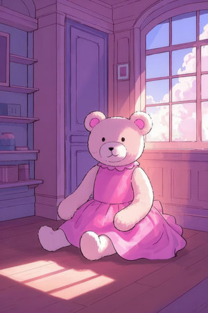Illustration of a teddy bear in a pink dress sitting near the windowの素材