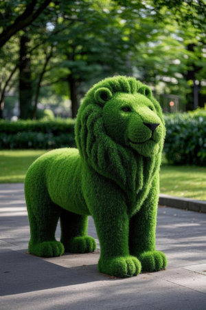 Lion statue in the park, closeup of a green animalの素材
