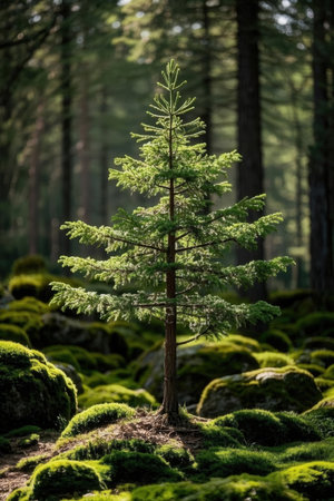 Beautiful green spruce tree growing in the middle of the forestの素材