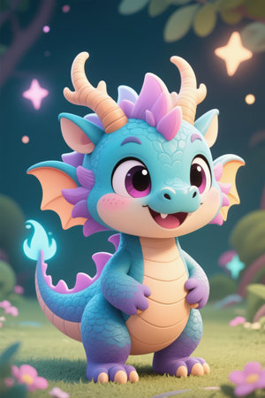 Cute dragon in the jungle. 3D illustration. Cartoon style.の素材