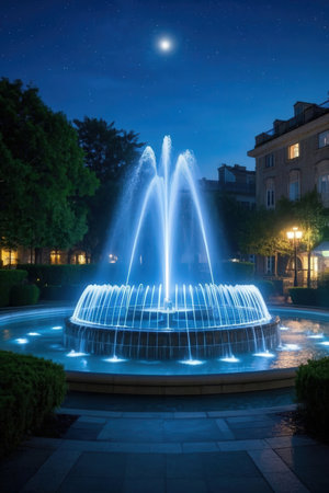 Fountain at night in the city center of Warsaw, Poland.の素材