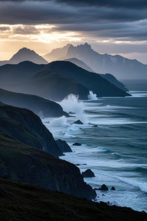 Sunset over the Atlantic Ocean in Lofoten islands, Norwayの素材