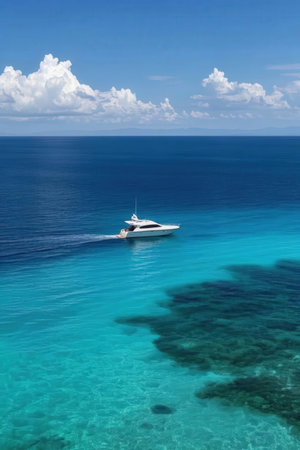 aerial view of a yacht in the turquoise waters of the indian oceanの素材