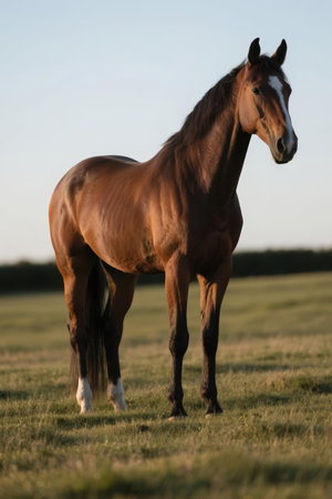 Beautiful bay horse standing in the field and looking at the cameraの素材